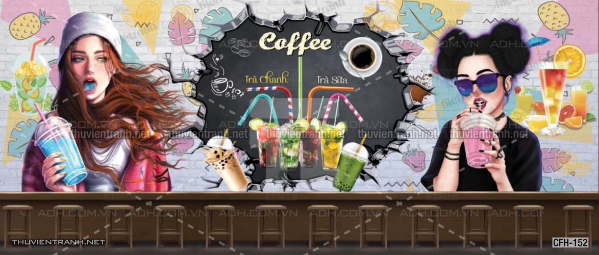  Tranh dán tường Quán Cafe, Trà Chanh, Trà sữa - Tranh tường chất lượng cao