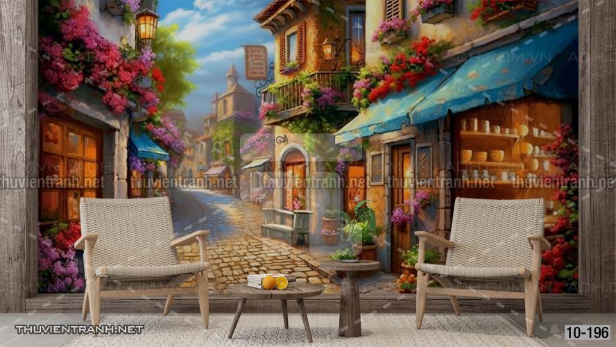 Tranh dán tường ngõ phố Châu ÂU, phố cổ Châu Âu - Tranh tường chất lượng cao