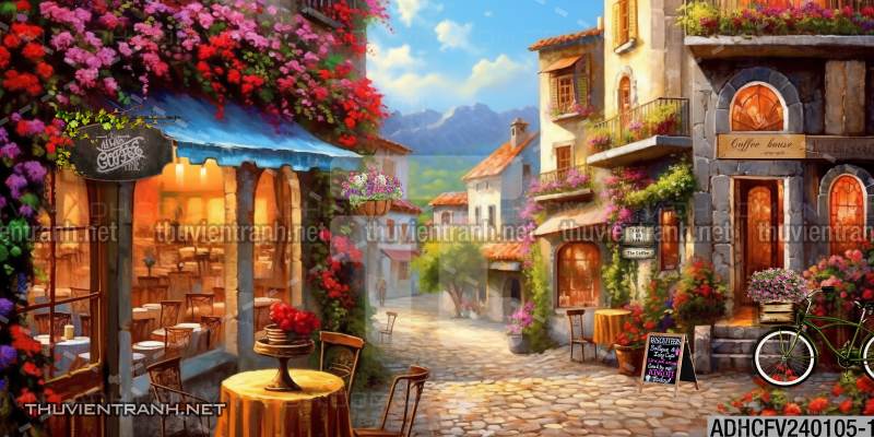 Tranh dán tường ngõ phố Châu ÂU, phố cổ Châu Âu - Tranh tường chất lượng cao