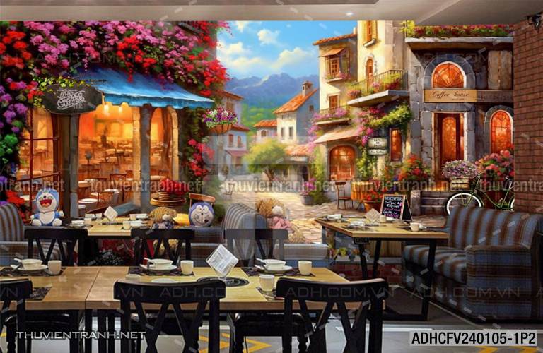Tranh dán tường ngõ phố Châu ÂU, phố cổ Châu Âu - Tranh tường chất lượng cao