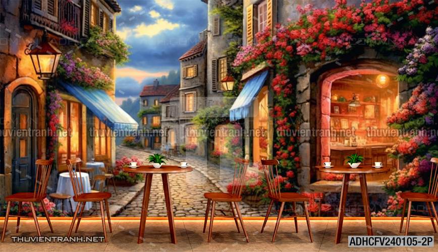 Tranh dán tường ngõ phố Châu ÂU, phố cổ Châu Âu - Tranh tường chất lượng cao