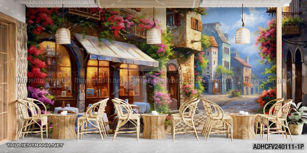 Tranh dán tường ngõ phố Châu ÂU, phố cổ Châu Âu - Tranh tường chất lượng cao