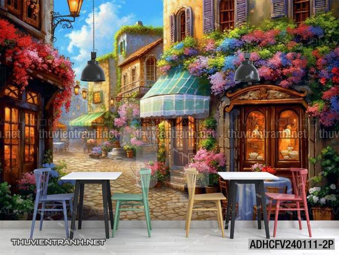 Tranh dán tường ngõ phố Châu ÂU, phố cổ Châu Âu - Tranh tường chất lượng cao