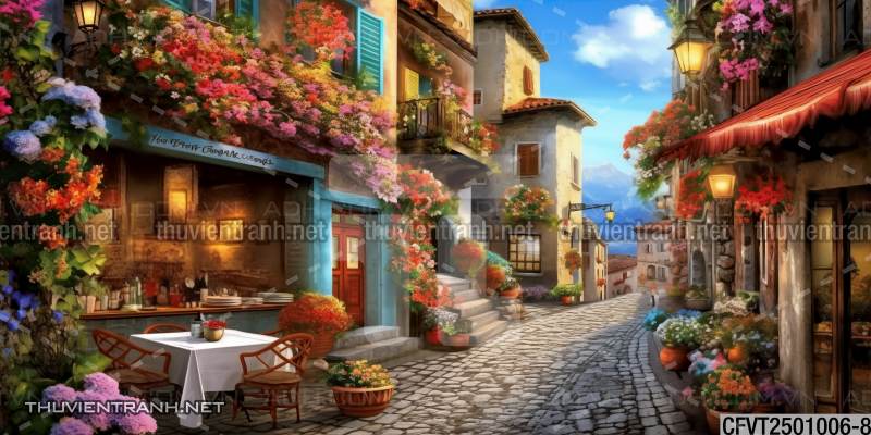 Tranh dán tường ngõ phố Châu ÂU, phố cổ Châu Âu - Tranh tường chất lượng cao