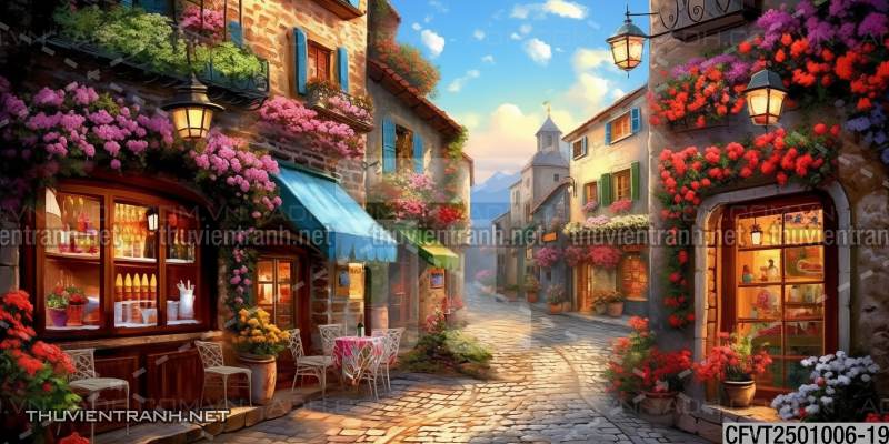 Tranh dán tường ngõ phố Châu ÂU, phố cổ Châu Âu - Tranh tường chất lượng cao