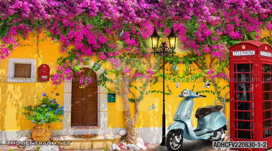 Tranh dán tường phố xưa, quán cà phê Vintage, bức tường hoa lá xinh - Tranh tường chất lượng cao