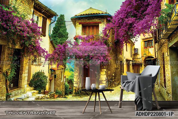 Tranh dán tường phố xưa, quán cà phê Vintage, bức tường hoa lá xinh - Tranh tường chất lượng cao