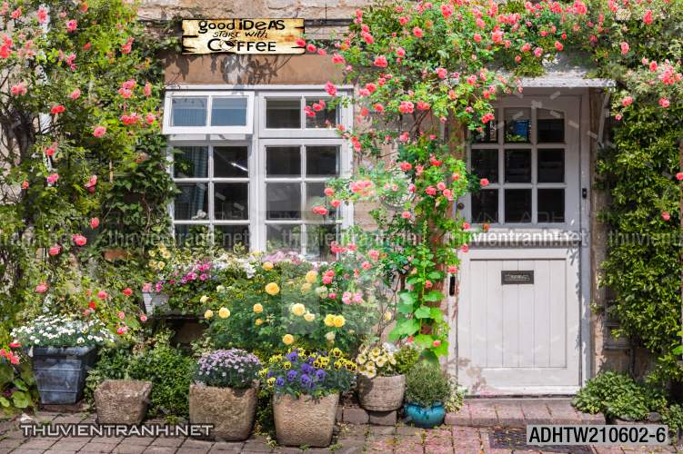 Tranh dán tường phố xưa, quán cà phê Vintage, bức tường hoa lá xinh - Tranh tường chất lượng cao