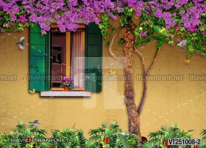 Tranh dán tường phố xưa, quán cà phê Vintage, bức tường hoa lá xinh - Tranh tường chất lượng cao