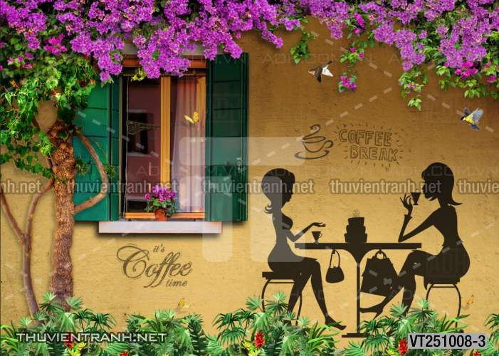 Tranh dán tường phố xưa, quán cà phê Vintage, bức tường hoa lá xinh - Tranh tường chất lượng cao