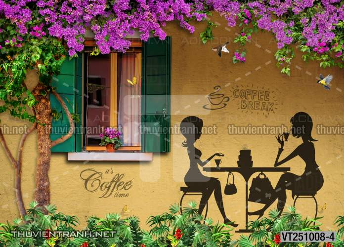 Tranh dán tường phố xưa, quán cà phê Vintage, bức tường hoa lá xinh - Tranh tường chất lượng cao