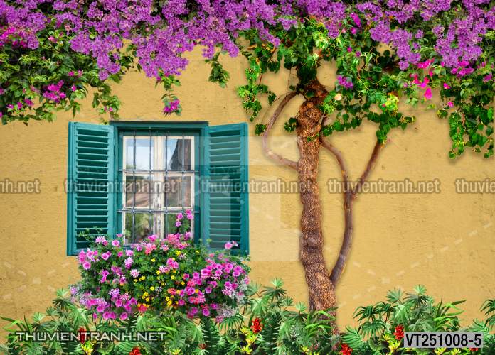 Tranh dán tường phố xưa, quán cà phê Vintage, bức tường hoa lá xinh - Tranh tường chất lượng cao