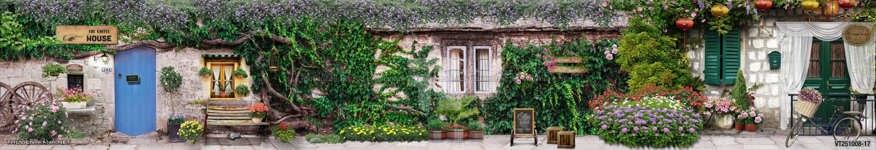 Tranh dán tường phố xưa, quán cà phê Vintage, bức tường hoa lá xinh - Tranh tường chất lượng cao