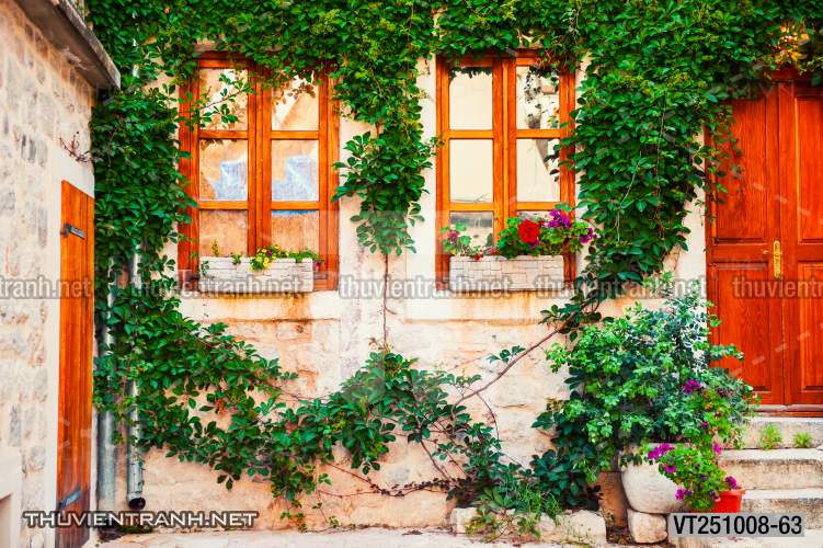  Tranh dán tường phố xưa, quán cà phê Vintage, bức tường hoa lá xinh - Tranh tường chất lượng cao