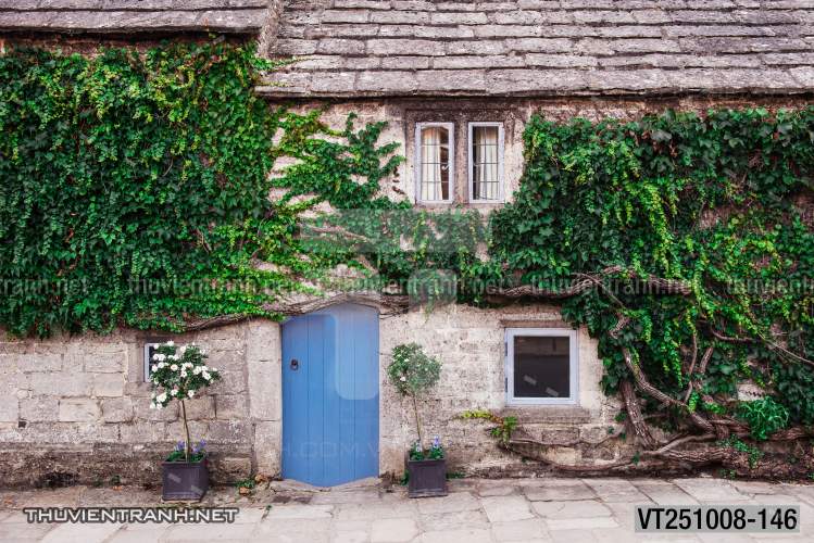 Tranh dán tường phố xưa, quán cà phê Vintage, bức tường hoa lá xinh - Tranh tường chất lượng cao