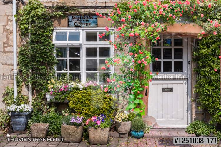 Tranh dán tường phố xưa, quán cà phê Vintage, bức tường hoa lá xinh - Tranh tường chất lượng cao