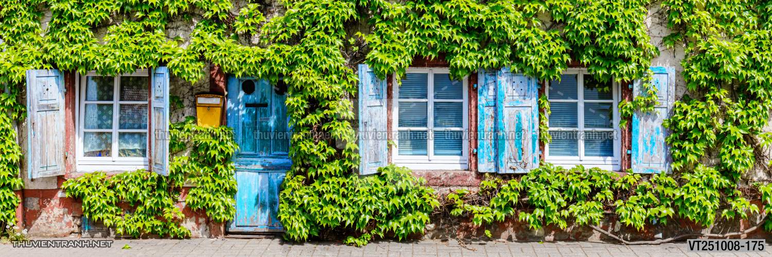 Tranh dán tường phố xưa, quán cà phê Vintage, bức tường hoa lá xinh - Tranh tường chất lượng cao