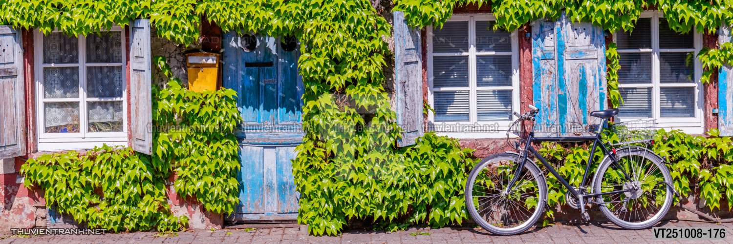 Tranh dán tường phố xưa, quán cà phê Vintage, bức tường hoa lá xinh - Tranh tường chất lượng cao