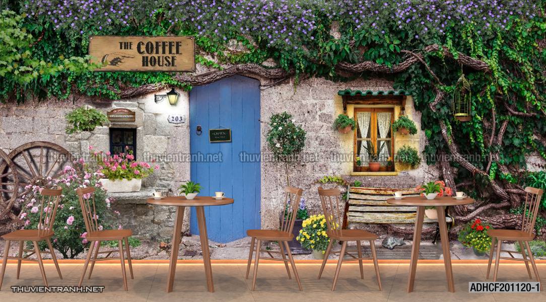  Tranh dán tường phố xưa, quán cà phê Vintage, bức tường hoa lá xinh - Tranh tường chất lượng cao