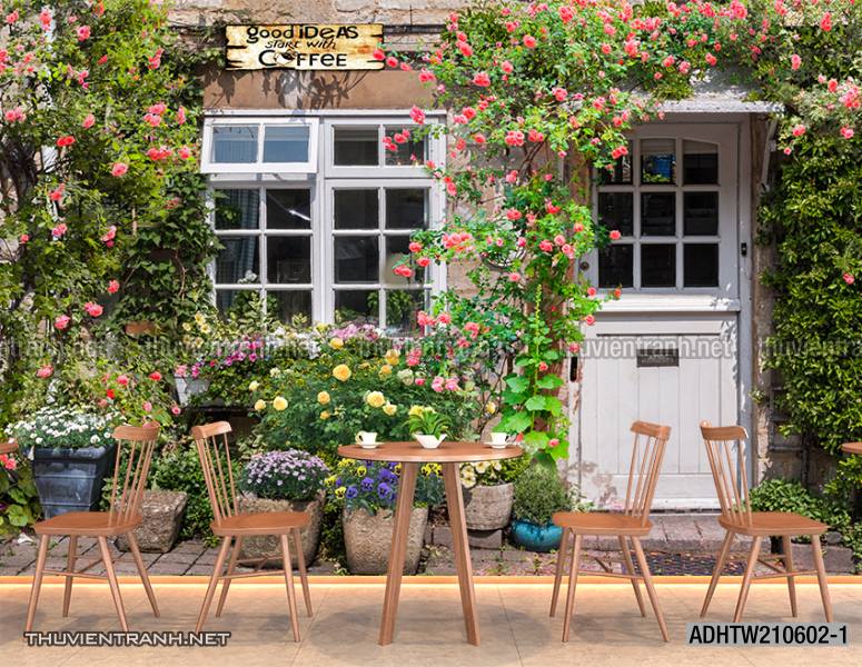  Tranh dán tường phố xưa, quán cà phê Vintage, bức tường hoa lá xinh - Tranh tường chất lượng cao