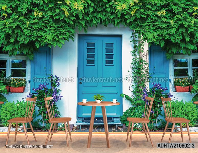  Tranh dán tường phố xưa, quán cà phê Vintage, bức tường hoa lá xinh - Tranh tường chất lượng cao