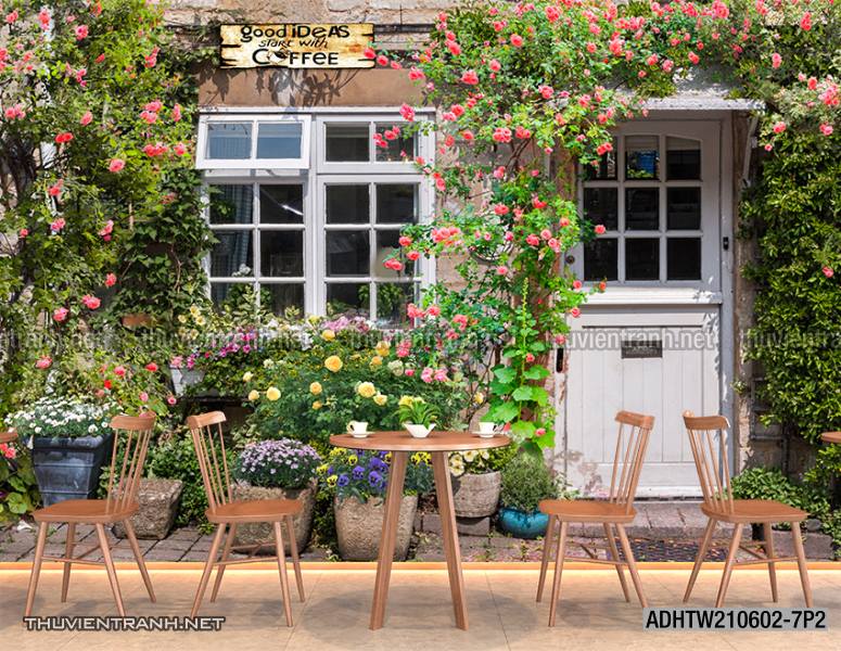  Tranh dán tường phố xưa, quán cà phê Vintage, bức tường hoa lá xinh - Tranh tường chất lượng cao
