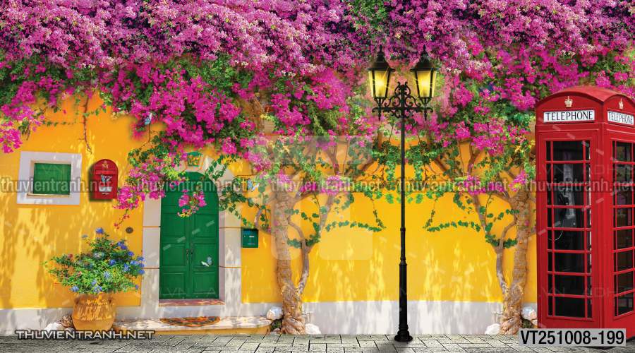  Tranh dán tường phố xưa, quán cà phê Vintage, bức tường hoa lá xinh - Tranh tường chất lượng cao