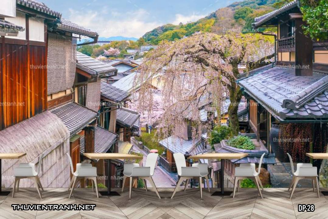 Tranh dán tường 3D phố cổ kính Hàn Quốc - Tranh tường chất lượng cao