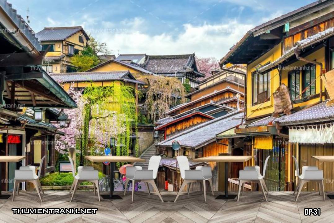 Tranh dán tường 3D phố cổ kính Hàn Quốc - Tranh tường chất lượng cao