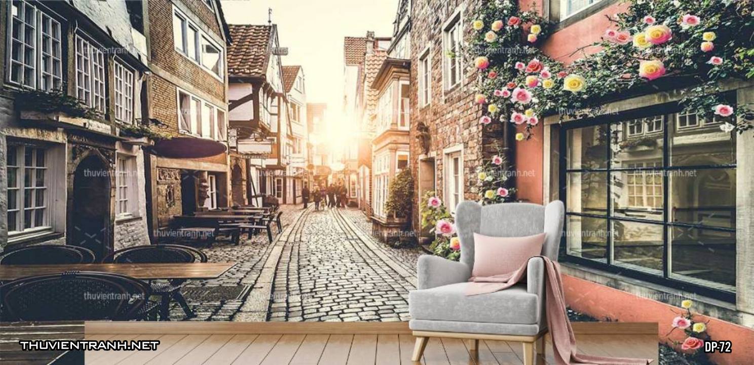 Tranh dán tường 3D phố cổ Châu Âu, đường phố Châu Âu, phong cảnh dãy phố cổ  Châu Âu - Tranh tường chất lượng cao