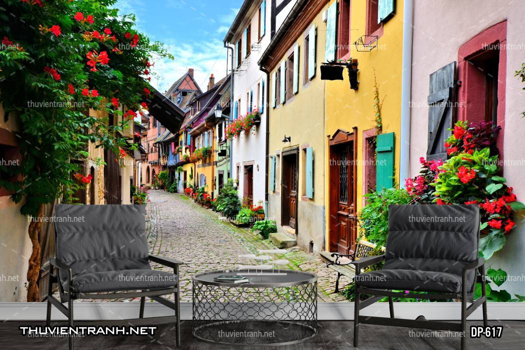  Tranh dán tường phong cảnh  đường phố Châu Âu - Tranh tường chất lượng cao