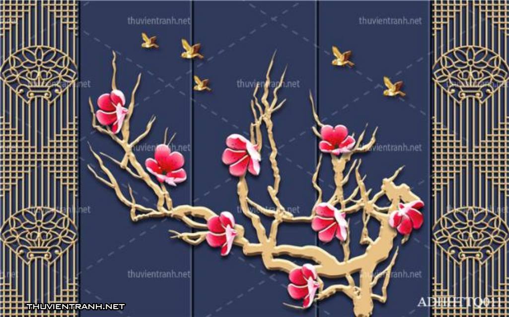 Tranh 3D nền tường phào chỉ và họa tiết trang trí thiên nhiên - Tranh tường chất lượng cao